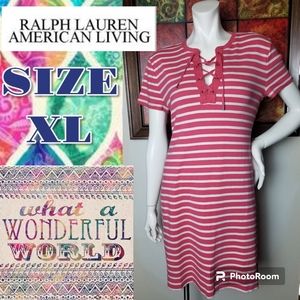 RALPH LAUREN'S American Living Lace Up Coral & White Striped SHIRT Dress Sz XL
